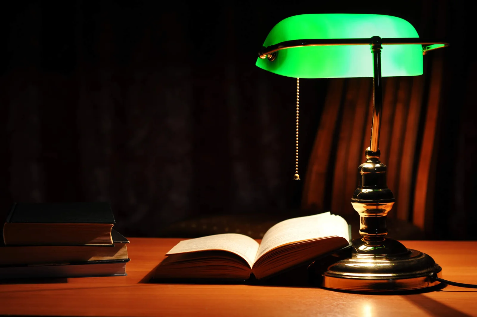 Una lampada accesa sui libri dello studio Oikos